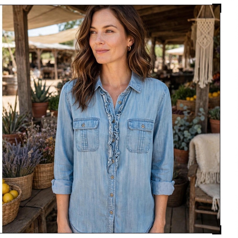 Talbots Petites Chambray Shirt LP Ruffle Front Roll Tab Long Sleeve Denim
